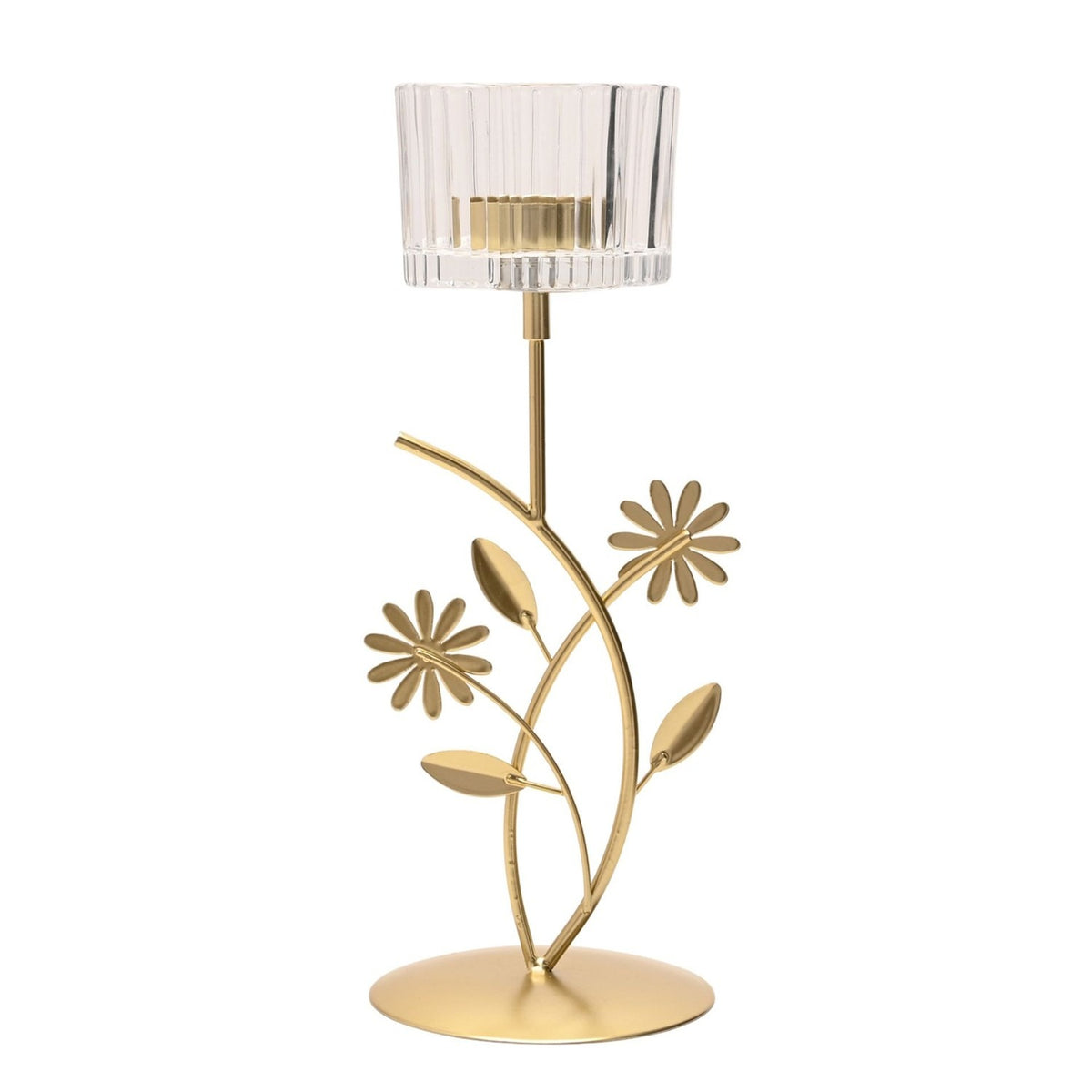 Gold metal single candle holder with floral leaf stem design and round base, topped with a clear ribbed glass tea light cup, on a plain white background.