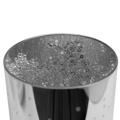 Close-up of the Scatter Dot battery operated glass tube table lamp in silver, showing the mirrored cylindrical shade filled with clustered crystal-like dots, against a plain white background.