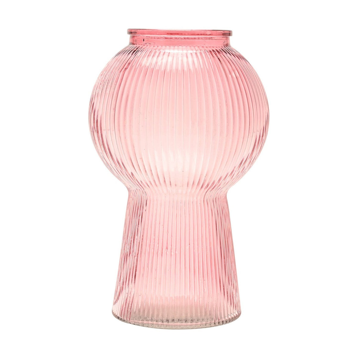 Ribbed pink glass vase with a round balloon body, flared pedestal base, and short neck, shown on a plain white background.