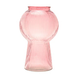 Ribbed pink glass vase with a round balloon body, flared pedestal base, and short neck, shown on a plain white background.