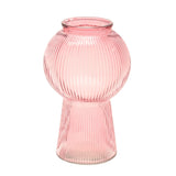 Ribbed pink glass vase with a round balloon-shaped body and slim flared base, fine vertical ribbing throughout, on a plain white background.
