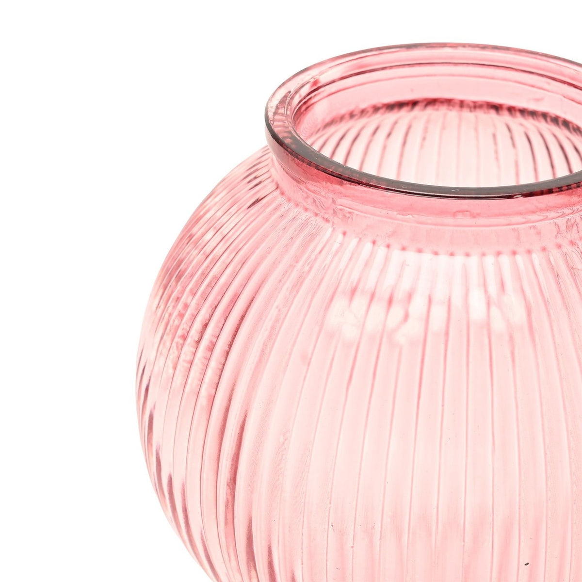 Close-up of the Ribbed Balloon Glass Vase in pink, showing the fine vertical ribbing and flared rim of the translucent glass against a plain white background.