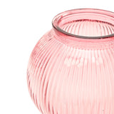 Close-up of the Ribbed Balloon Glass Vase in pink, showing the fine vertical ribbing and flared rim of the translucent glass against a plain white background.