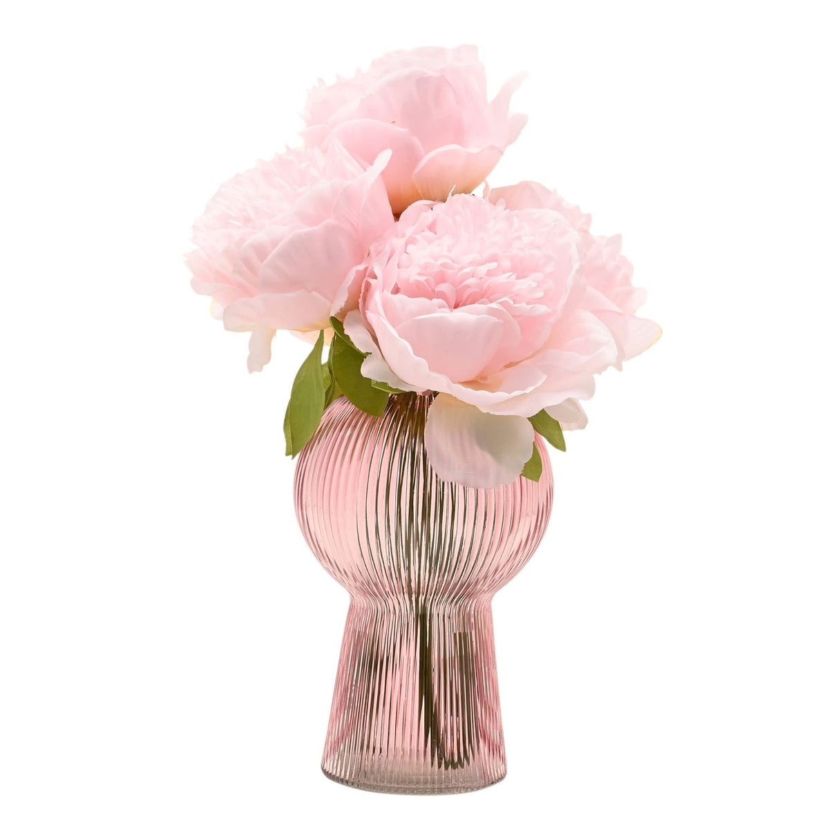 Ribbed pink glass vase with round balloon body and slim flared base, holding pink peony stems, shown on a plain white background.