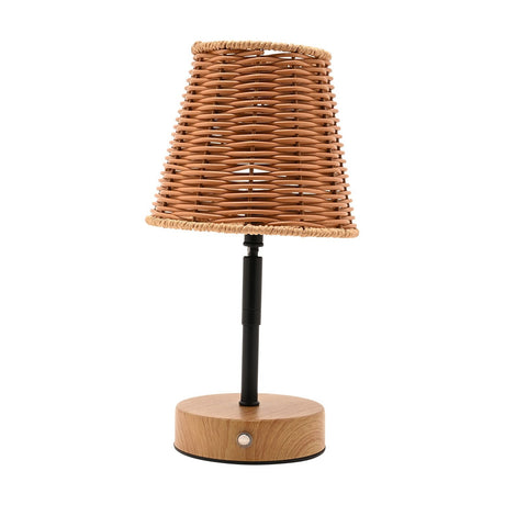 Wicker Shade LED Touch Table Lamp, 26.5cm, with a tapered woven wooden-tone shade, slim black stem, and round light wood base with touch button, on a white background.