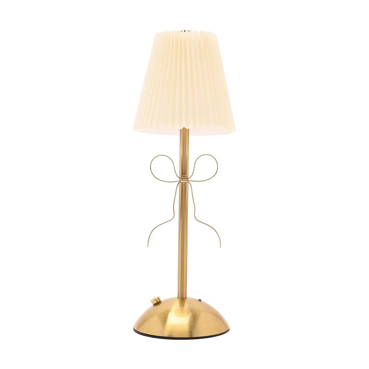 Brass Bow Pleated LED Touch Table Lamp with cream pleated shade, slim gold stem, and metal ribbon bow detail, on a dome base against a plain white background.
