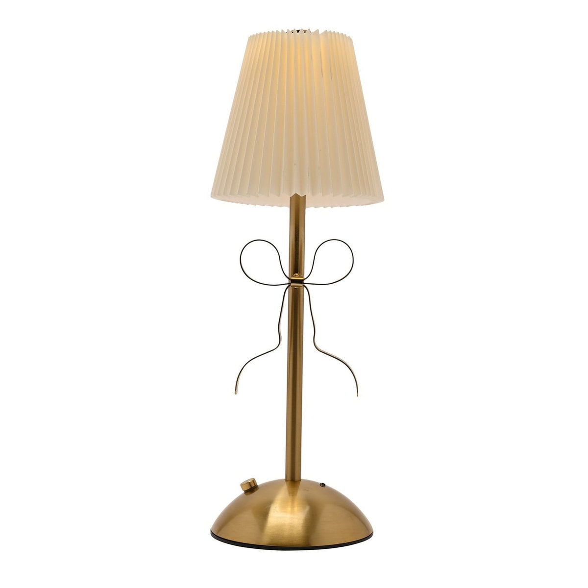 Brass Bow Pleated LED Touch Table Lamp, 33.5cm, with cream pleated shade, slim gold stem, domed base, and metal bow detail, shown on a plain white background.