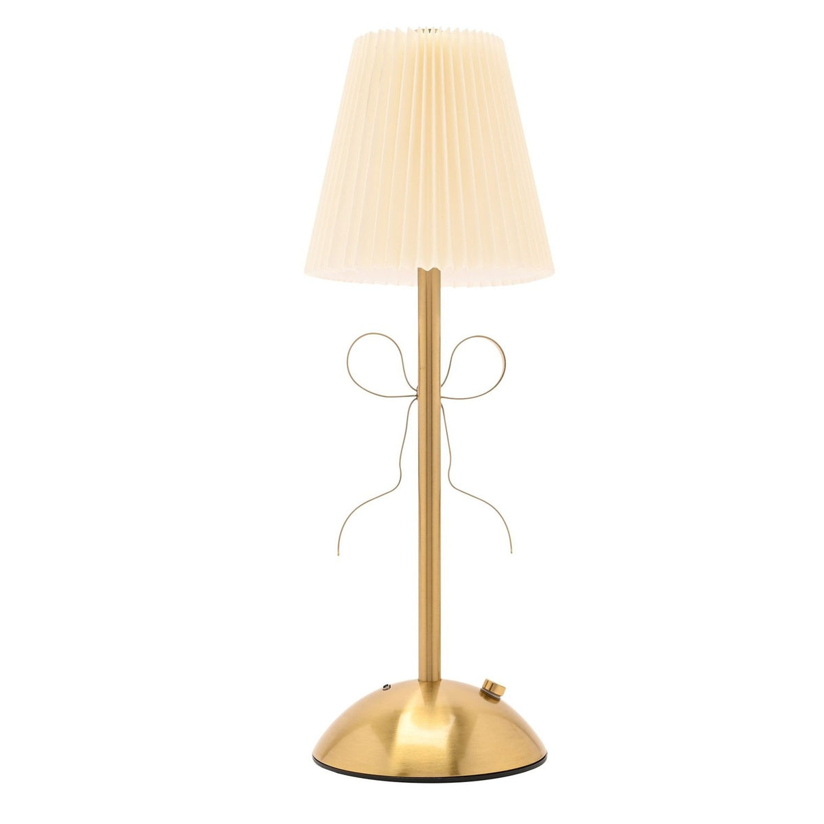 Brass Bow Pleated LED Touch Table Lamp with cream pleated shade, slim gold stem, and metal ribbon bow detail, set on a domed brass base against a plain white background.