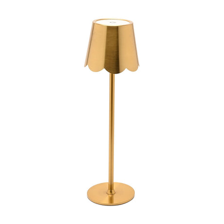 Scalloped Edge Brass LED Rechargeable Touch Table Lamp in Gold, with a tapered drum shade, slim straight stem, and round flat base, shown on a plain white background.