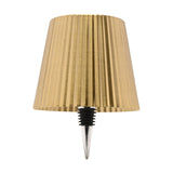 Wine Bottle Topper LED Touch Table Lamp with gold pleated tapered shade, white top touch control, and ridged metal stopper, shown on a plain white background.