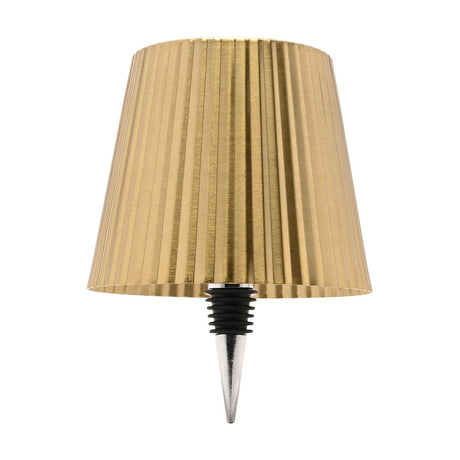 Wine Bottle Topper LED Touch Table Lamp with gold pleated tapered shade, white top touch control, and ridged metal stopper, shown on a plain white background.