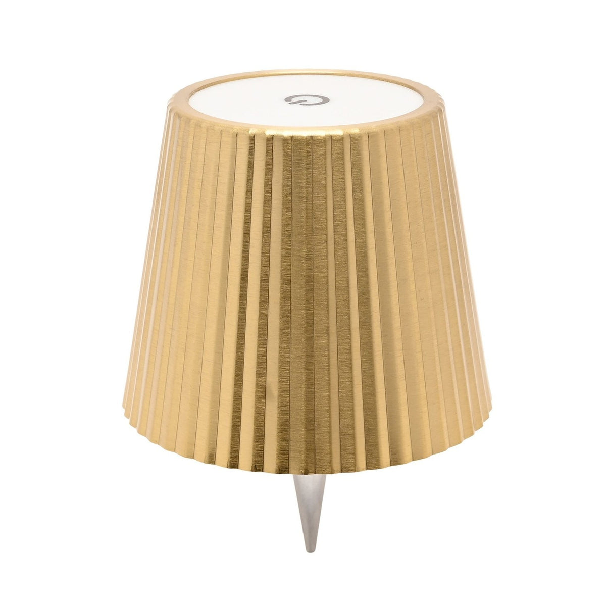 Wine Bottle Topper LED Touch Metal Table Lamp in gold with a pleated tapered shade, white touch-control top, and ridged tapered stopper, shown on a plain white background.