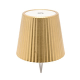 Wine Bottle Topper LED Touch Metal Table Lamp in gold with a pleated tapered shade, white touch-control top, and ridged tapered stopper, shown on a plain white background.