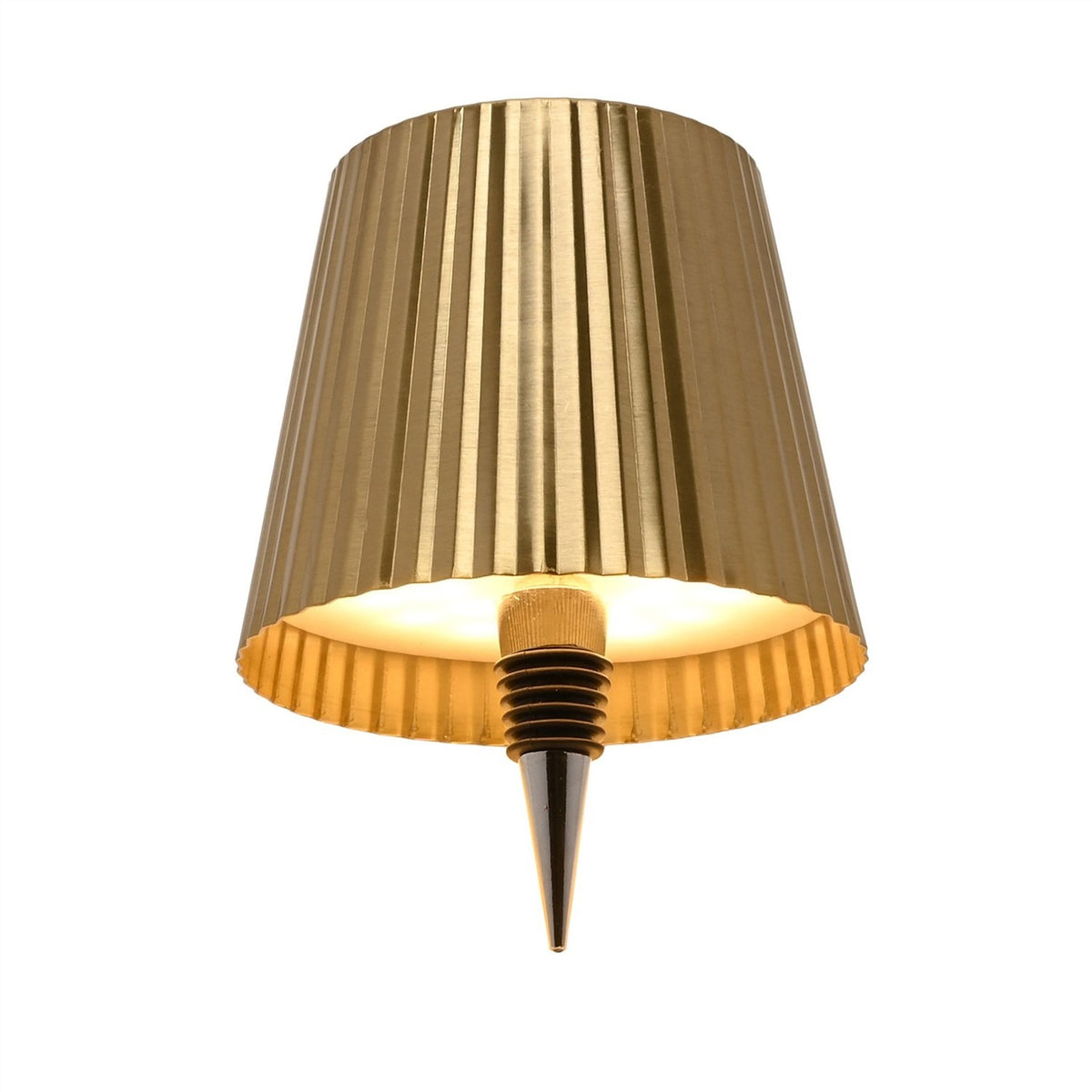 Wine bottle topper LED touch table lamp with a gold pleated metal shade, white touch-control top, and black ridged stopper, shown on a plain white background.