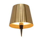 Wine bottle topper LED touch table lamp with a gold pleated metal shade, white touch-control top, and black ridged stopper, shown on a plain white background.