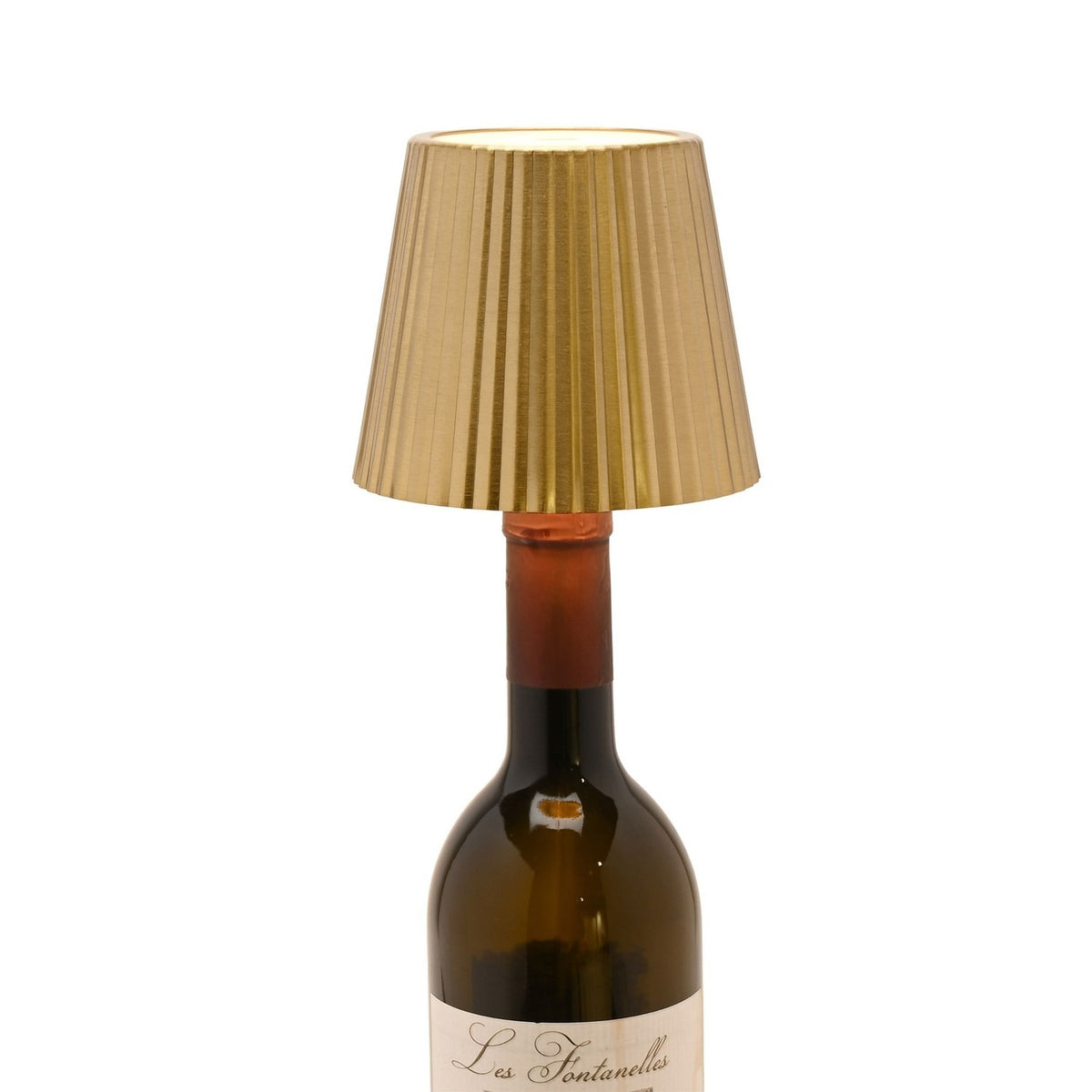 Wine Bottle Topper LED Touch Metal Table Lamp with a gold pleated tapered shade and white touch-control top, fitted into a wine bottle neck on a plain white background.