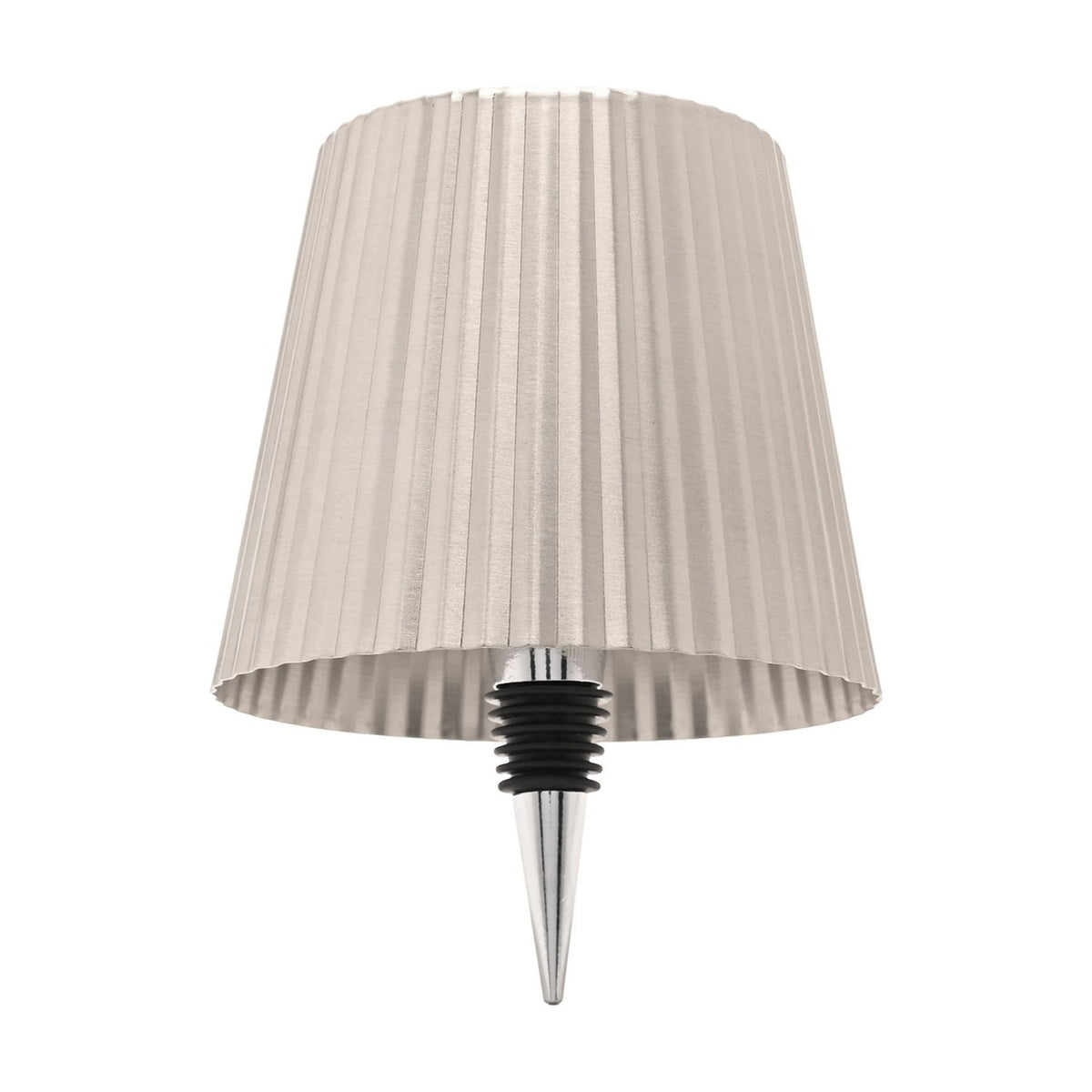 Round Wine Bottle Topper LED table lamp in silver metal, with a pleated tapered shade and ridged black-ringed spike for insertion into a bottle neck, shown on a plain white background.