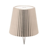 Round wine bottle topper LED table lamp in silver metal with a pleated tapered shade, touch control top, and pointed spike base, shown on a plain white background.