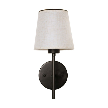 Wireless touch wall light with a cream tapered fabric shade on a slim black stem and round black back plate, shown on a plain white background.