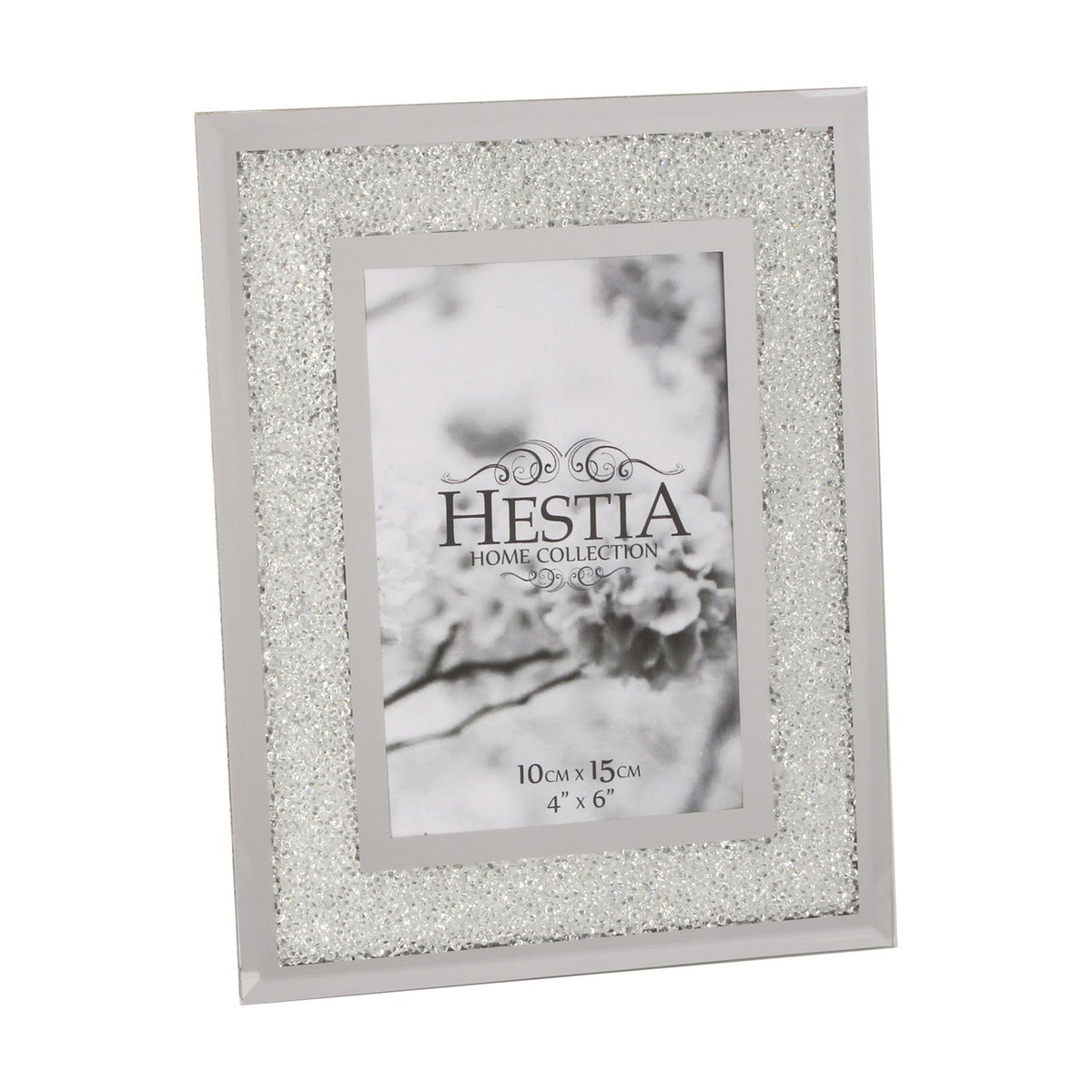 Crystal Edge glass photo frame in silver, rectangular with a bevelled mirrored border and sparkling crystal band, holding a 6 x 4in print, shown on a white background.