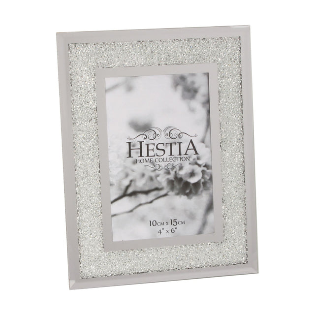 Crystal Edge glass photo frame in silver, rectangular with a bevelled mirrored border and sparkling crystal band, holding a 6 x 4in print, shown on a white background.