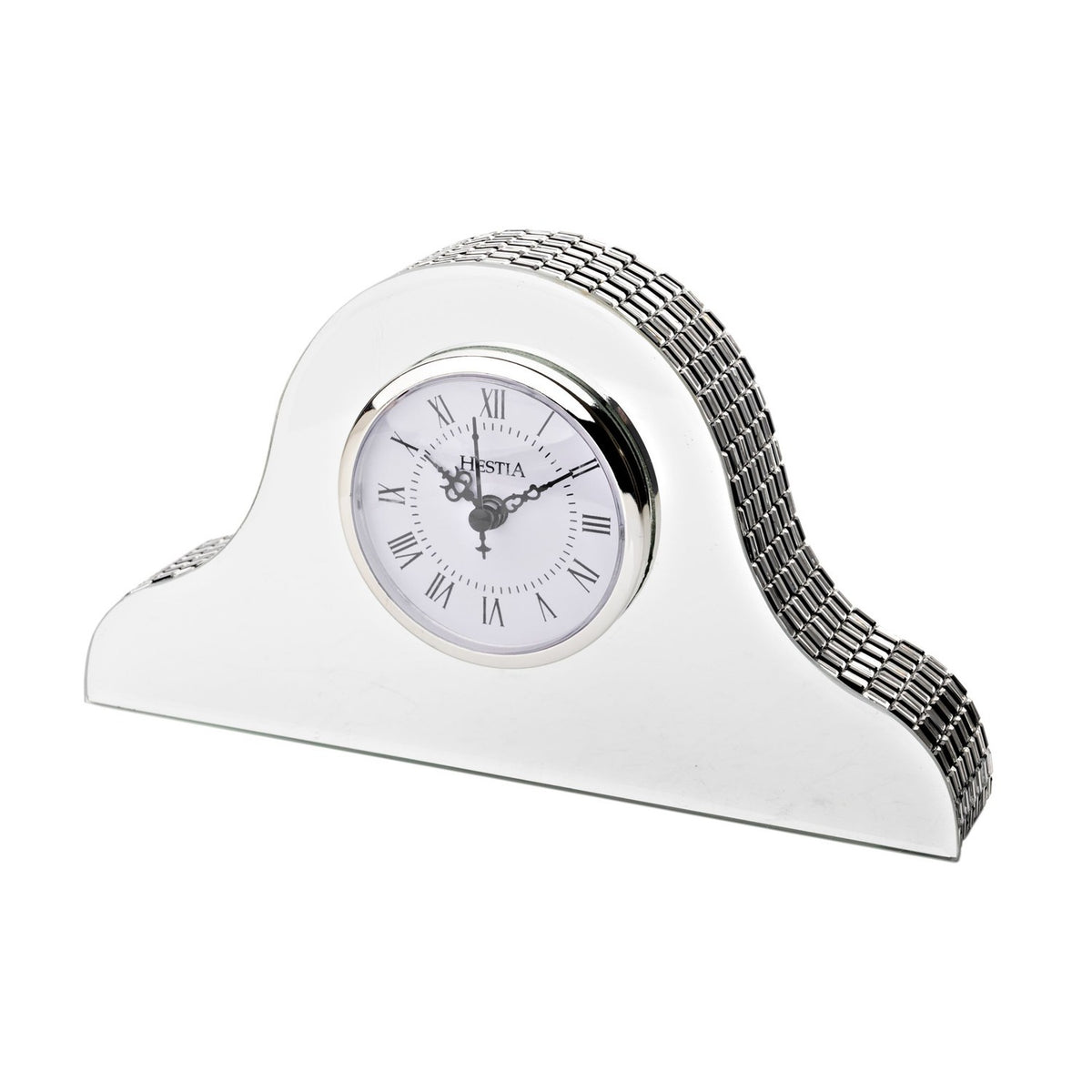 Silver Napoleon mantel clock with mirrored glass front, arched silver-tiled top, and white Roman numeral dial, shown on a plain white background.