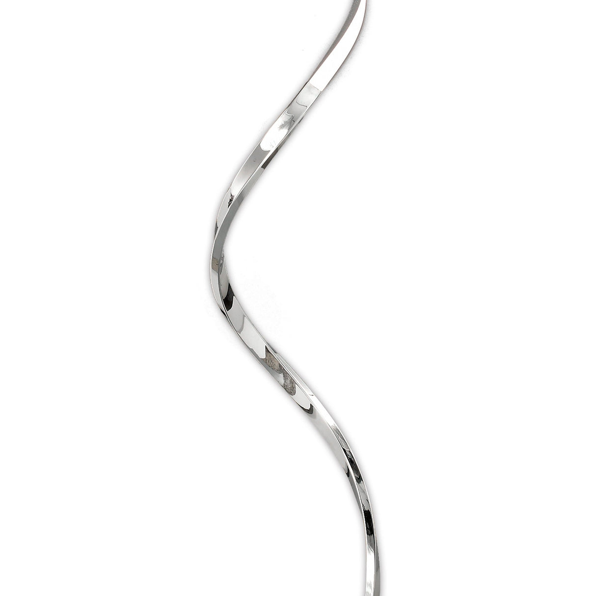 The Helix LED Floor Lamp 42W 3000K in Silver & Chrome features a twisting, shiny metal design with smooth curves, offering modern, energy-efficient lighting against a plain white background.