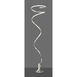 The Helix LED Floor Lamp 42W 3000K in Silver & Chrome features a modern spiral design with a metallic finish and continuous twisting LED strip, standing on a round base against a plain gray background.