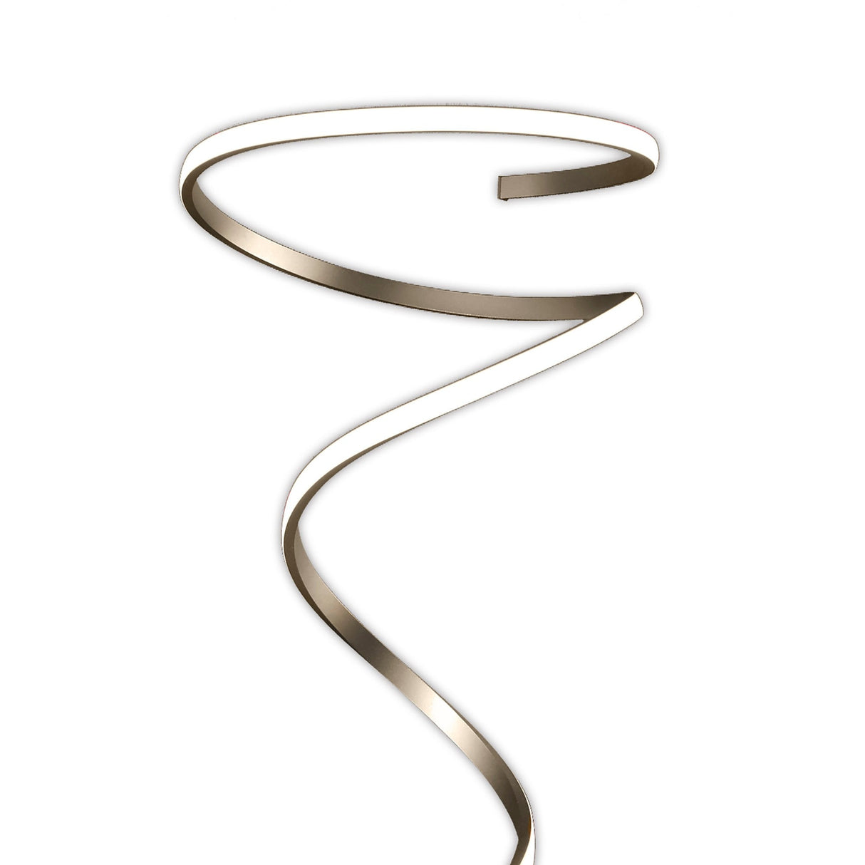 The Helix LED Floor Lamp 42W 3000K in Antique Brass features a single, metallic ribbon spiraling upward against a white background, creating an elegant and modern silhouette.