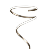 The Helix LED Floor Lamp 42W 3000K in Antique Brass features a single, metallic ribbon spiraling upward against a white background, creating an elegant and modern silhouette.