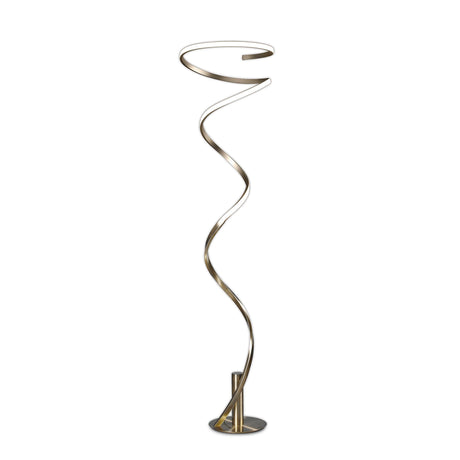 The Helix LED Floor Lamp 42W 3000K in Antique Brass features a spiral, twisting metal design with an abstract sculptural form, making it a contemporary statement piece for modern interiors.