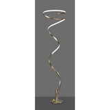 The Helix LED Floor Lamp 42W 3000K in Antique Brass features a twisted, spiral-shaped metal frame and integrated light on a round base, combining contemporary style and function against a gray background.
