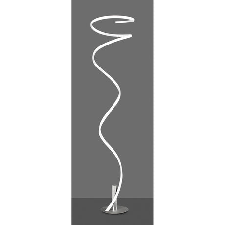 The Helix LED Floor Lamp 42W 4000K - White & Chrome features a modern spiral-shaped white light strip and circular metallic base, adding a sleek touch to any space.