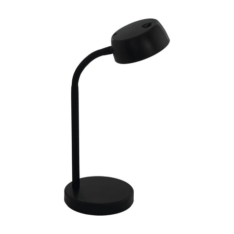 Hemarne LED Table Lamp in black, with a round tilting head on a flexible gooseneck arm and a circular base, plastic finish, shown on a plain white background.