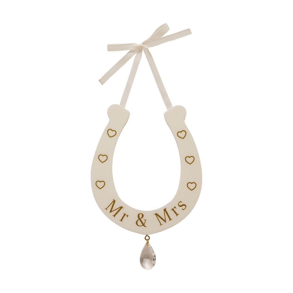 Cream MDF horseshoe wall art reading "Mr & Mrs" in gold with outline hearts, a cream ribbon bow hanger, and a clear teardrop drop, shown on a white background.