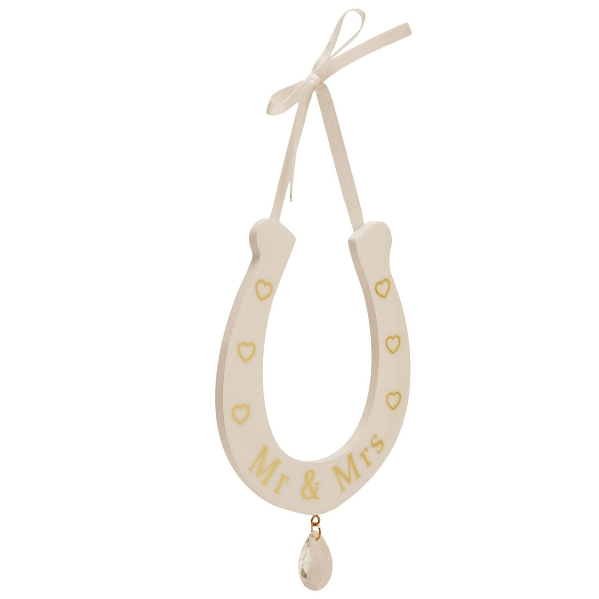 Cream MDF horseshoe wall art with gold "Mr & Mrs" lettering and heart outlines, a cream ribbon bow hanger, and a faceted teardrop charm, on a plain white background.