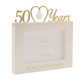 Cream MDF 6x4in photo frame with gold "50 Years" lettering, an open heart and hanging crystal drop above, and "of love and happiness" printed below the picture window.