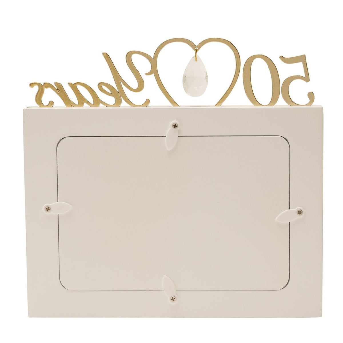 Cream MDF photo frame for a 6x4in photo, with gold "50 Years" lettering and an open heart holding a clear faceted drop above the top edge, shown on a plain white background.