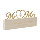 Mr & Mrs Heart MDF mantel plaque in cream and gold, with gold script lettering, open heart and crystal drop above a cream base reading "All because two people fell in Love".