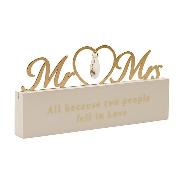 Mr & Mrs Heart MDF mantel plaque in cream and gold, with gold script lettering, open heart and crystal drop above a cream base reading "All because two people fell in Love".