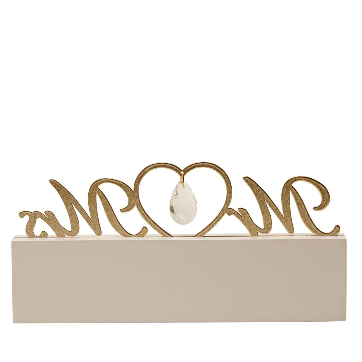 Mr & Mrs Heart MDF Mantel Plaque in cream and gold, with gold script lettering, an open heart and a clear faceted drop, set on a cream block, shown on a plain white background.