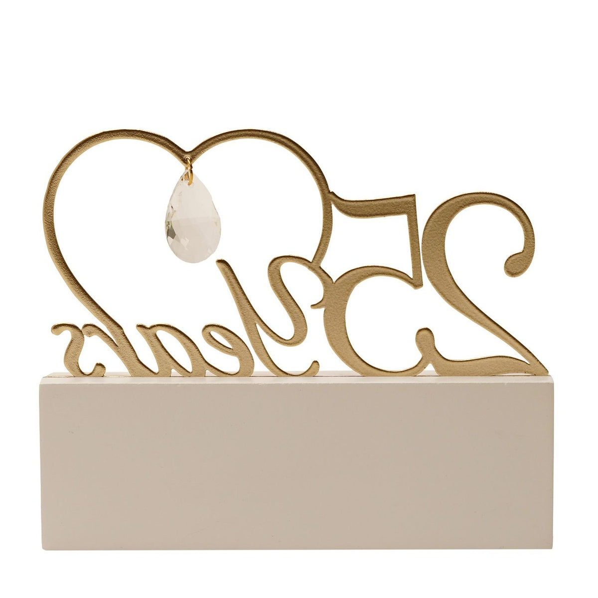 25 Years Heart Cut-Out Wooden Mantel Plaque in cream and gold, with gold script atop an open heart and a hanging faceted crystal drop, on a cream base.
