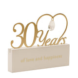 30 Years Love Heart Wooden Mantel Plaque in gold script with open heart and hanging crystal teardrop, set on a cream block reading "of love and happiness".
