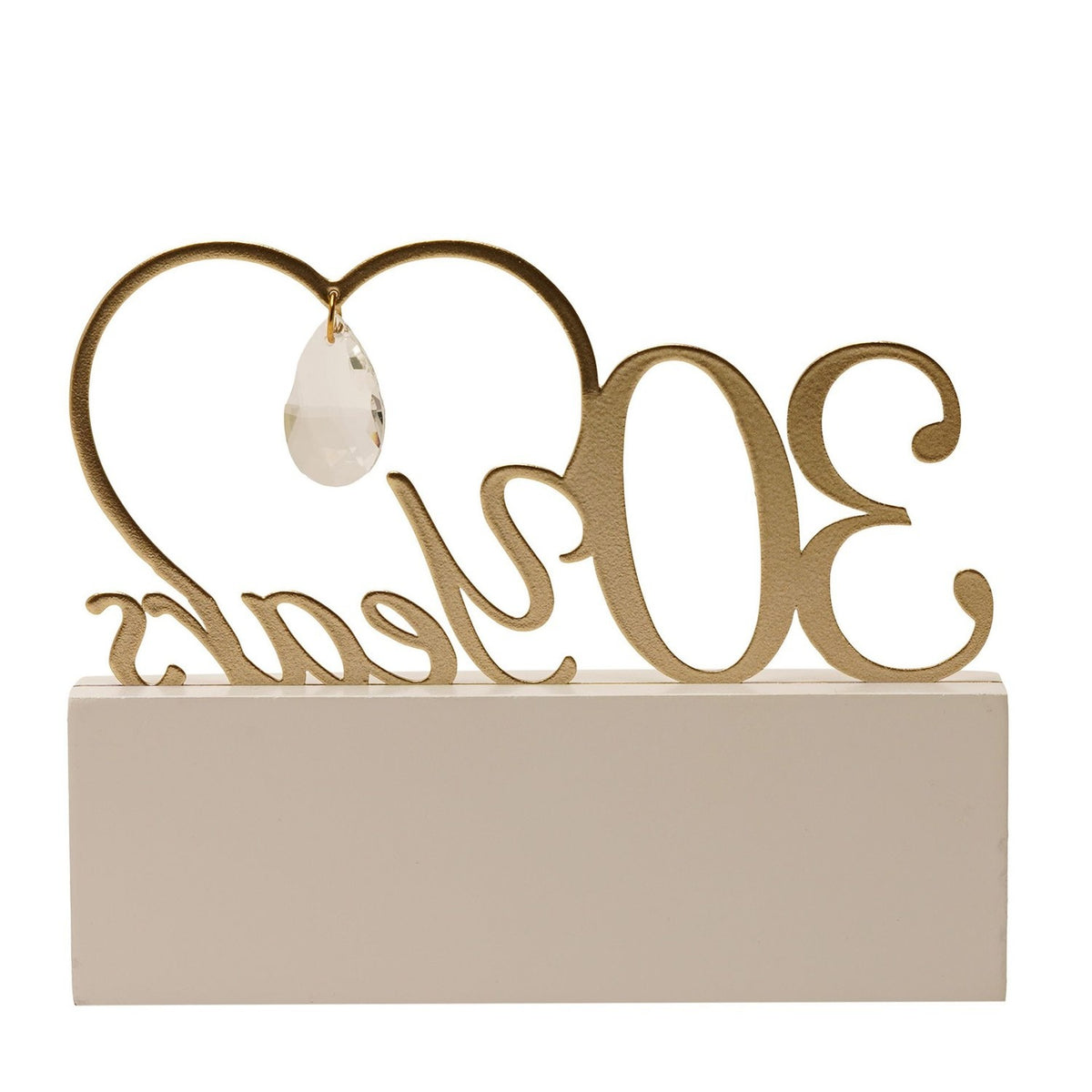 30 Years Love Heart Wooden Mantel Plaque in gold script with an open heart and hanging crystal teardrop, set on a cream block base, shown on a white background.