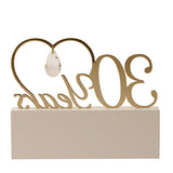30 Years Love Heart Wooden Mantel Plaque in gold script with an open heart and hanging crystal teardrop, set on a cream block base, shown on a white background.