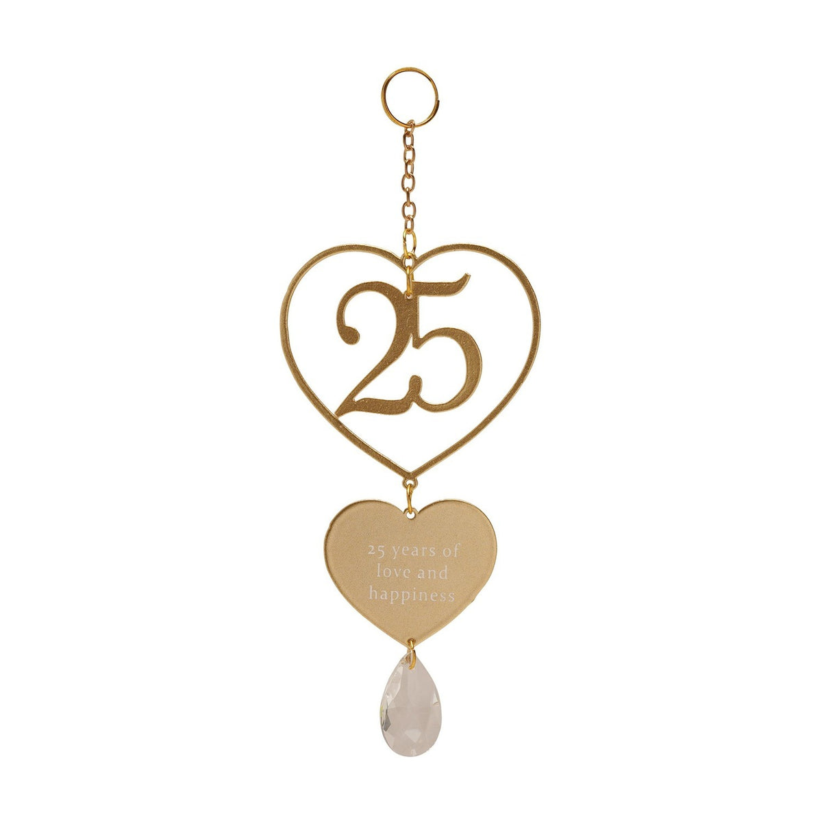 Gold hanging plaque featuring an open heart around a cut-out 25, a solid heart reading 25 years of love and happiness, a clear teardrop, and a chain with ring hanger, on a white background.