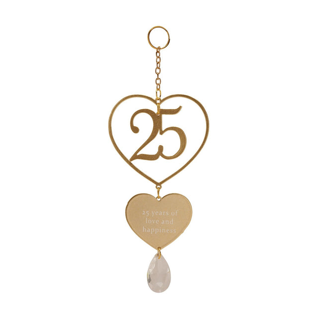 Gold hanging plaque featuring an open heart around a cut-out 25, a solid heart reading 25 years of love and happiness, a clear teardrop, and a chain with ring hanger, on a white background.