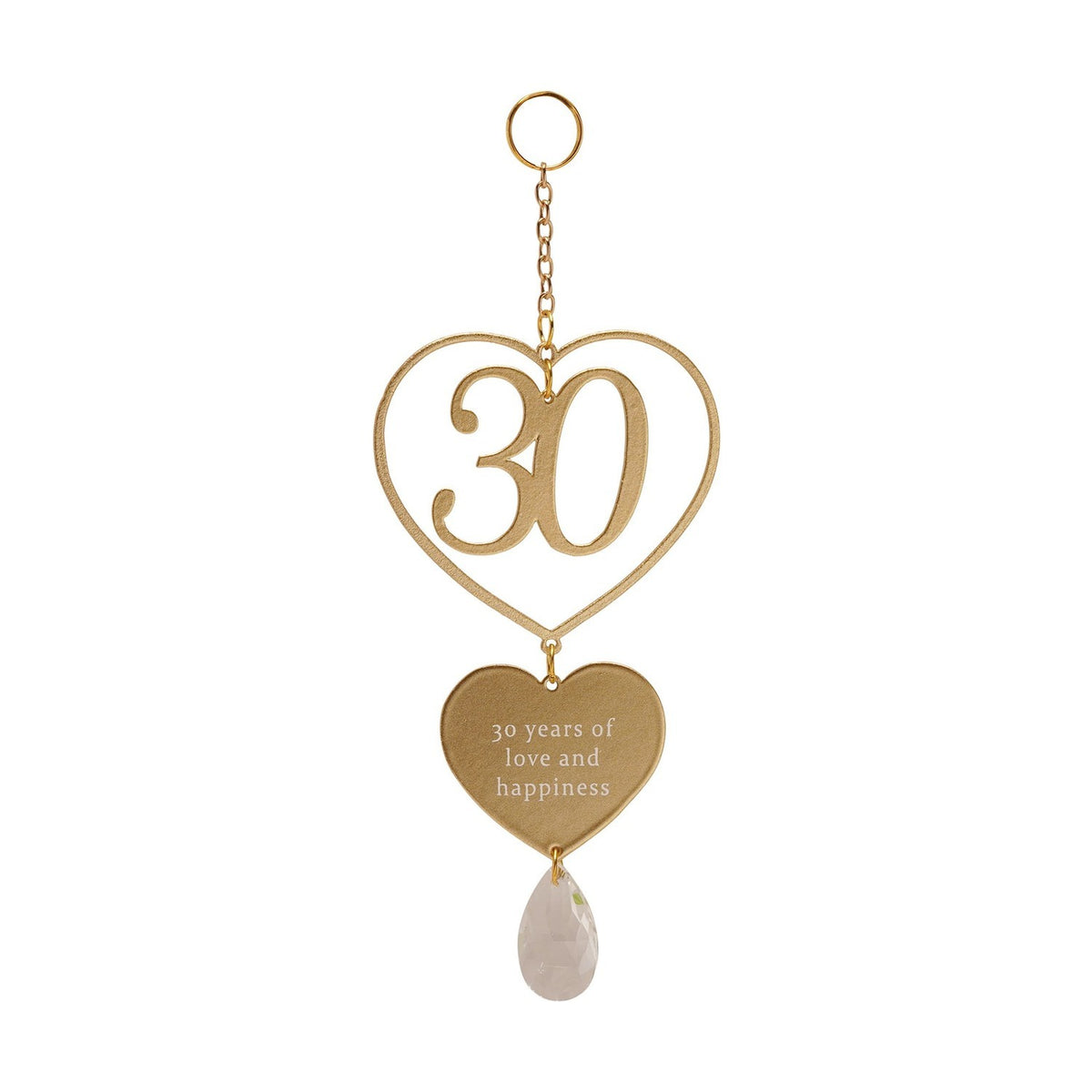 Gold hanging plaque featuring an open heart framing the number 30, a smaller heart engraved 30 years of love and happiness, a faceted teardrop charm, and a top ring with chain.