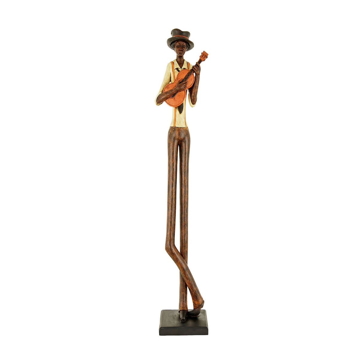 Hill Interiors Nerisse Standing Jazz Violinist Figurine in bronze and copper resin, tall elongated musician with hat playing violin on a square base.