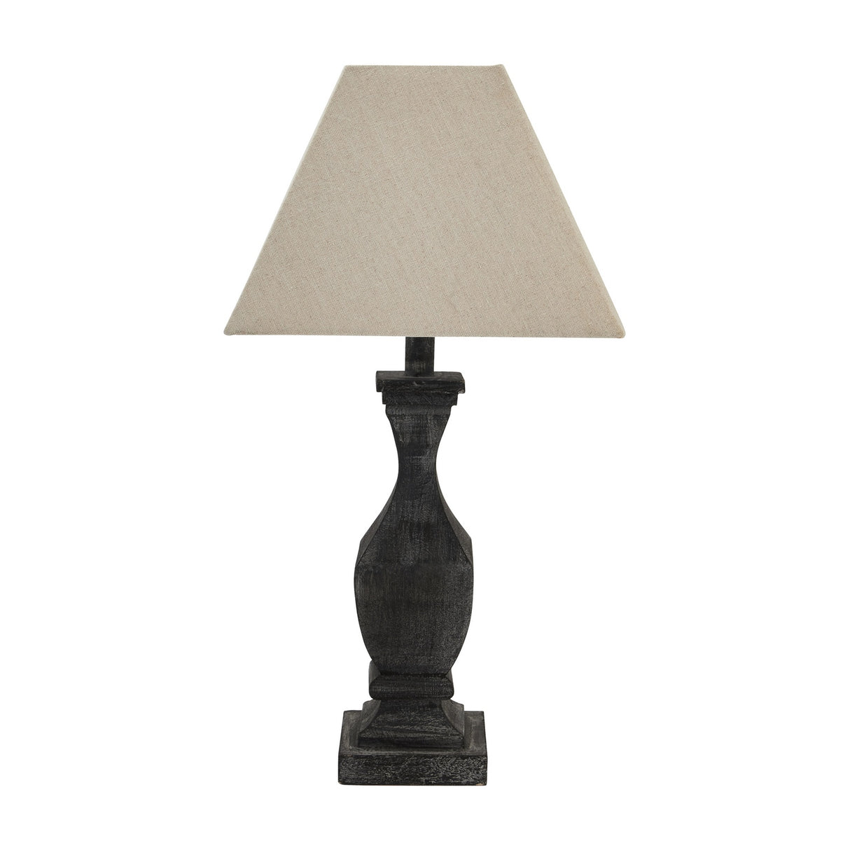 Hill Interiors Ormelle fluted wooden table lamp in grey-washed solid wood with a natural linen tapered shade, shown on a plain white background.